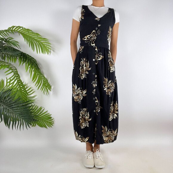 Vintage 90s Black Floral Boho Cottagecore Sleeveless Button Maxi Dress / Small - Picture 5 of 7